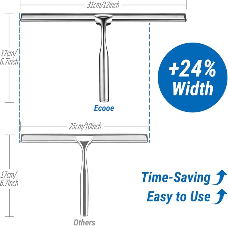 ecooe Stainless Steel Shower Squeegee with Hook, 12″ Shower Glass Cleaner Wiper Scraper with 2 Replacement Blade Window Squeegee for Home Bathroom Kitchen Car Glass Doors - Image 2